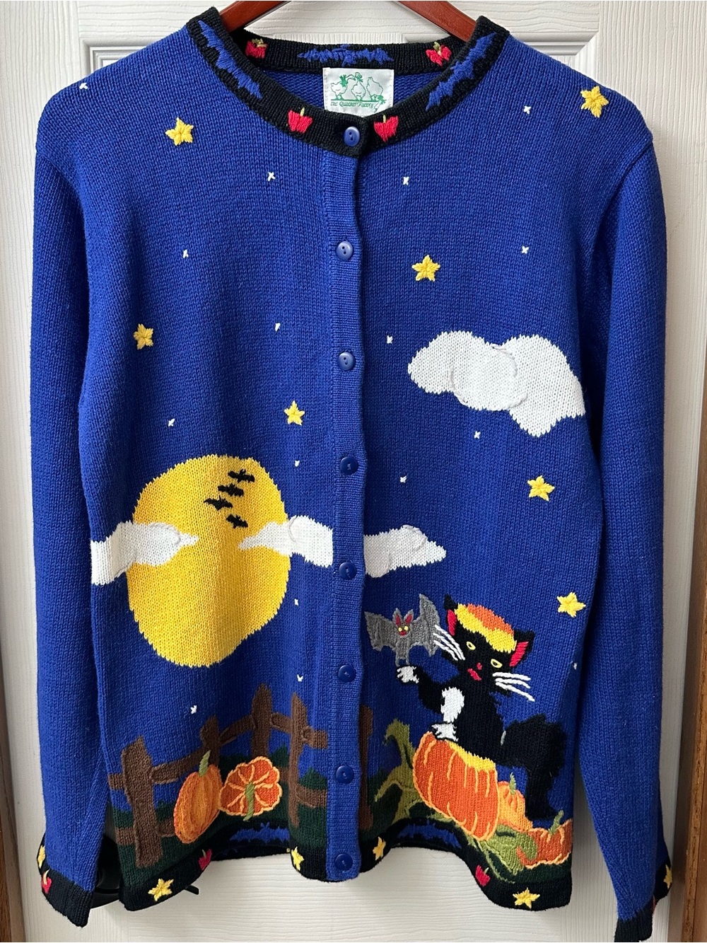 Vintage Quacker Factory Halloween Cardigan Medium Blue Cat Pumpkin Bat Moon